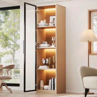 Image de Vitrine 40 x 40 x 165 cm avec porte vitrée et éclairage LED – Armoire haute aspect chêne, charnières à fermeture douce, verre trempé, vitrine design compacte