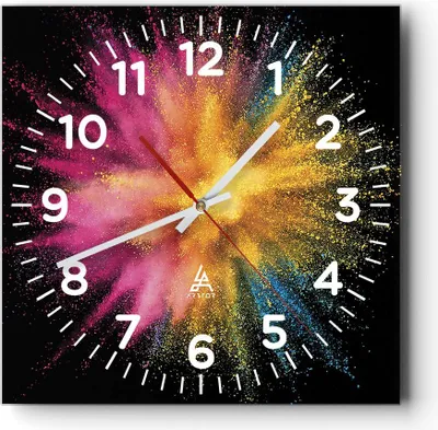 Produktbild von Wanduhr - Quadrat - Glasuhr - Bunt Staub Explosion - 30x30cm - Schleichendes Uhrwerk - Lautlos - zum Aufhängen bereit - Dekoration Modern - Wanddekoration aus Glas - C4AC30x30-4529