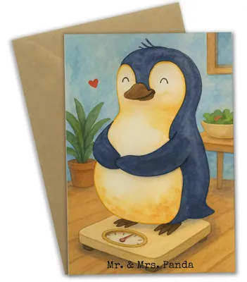 Produktbild von Mr. & Mrs. Panda Grußkarte Pinguin Diät Design - Weiß - Geschenk, Abnehmen, Gewicht, einladungskarten, osterkarte, Motivation, Pinguine, weihnachtskarten, neujahrskarte