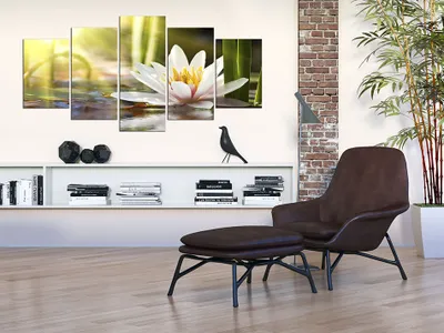 Produktbild von Akustikbild Wasserlilien Blumen 200x100 cm Bilder Akustikschaum Hochleistungsschallabsorber Schallschutz Leinwand 5 tlg Wandbild Raumakustik Schalldämmung b-B-0120-b-n