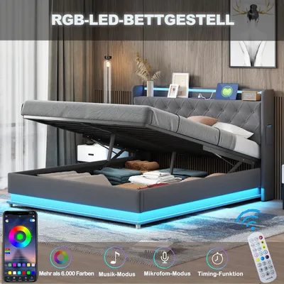 Produktbild von okwish Polsterbett Doppelbett 160x200cm mit LED und USB, hydraulisches Boxspringbett mit Stauraum, Lattenrost und Metallrahmen, Leinen(Ohne Matratze)-Grau