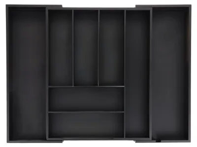 Obrázok produktu pre Relaxdays Výsuvná priehradka na príbory, bambus, rozmery 6,5 x 35–58 x 43,5 cm, 6–8 priehradiek, vnútorná priehradka do zásuvky, čierna