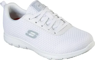 A white Skechers work shoe is shown from a side angle against a white background.