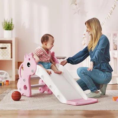 Produktbild von Rutsche 3-in-1 im Giraffendesign, Kletterrutsche mit Basketballkorb und Ball für Kleinkinder, Indoor-Spielgerät ab 1 Jahr, Rosa