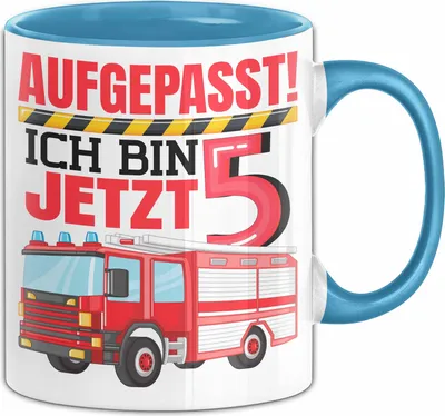 Produktbild von 5. Geburtstag Geschenk Tasse Becher Jungs Feuerwehr Aufgepasst Ich Bin Jetzt 5 (Blau)