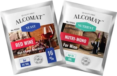 Produktbild von Rotweinhefe Alcomat Red Wine HAT 16% + Nährstof Nutri Mono | Hefenahrung | Hohe Alkoholtoleranz| 2pack SET