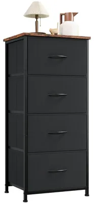 Zdjęcie produktu dla Komoda z 4 szufladami obitymi tkaniną, w rustykalnym brązowym kolorze, o wymiarach 30 gł. x 42 szer. x 93 wys. cm