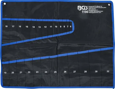 A black tool roll with blue trim, showing numbered pockets for tools.