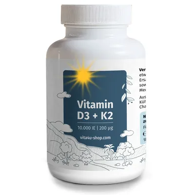 Produktbild von Vitamin D3 + K2 - 10000 I.E. Vitamin D3 mit 200μg Vitamin K2 als All-Trans K2 MK7 - 180 vegetarische Tabletten