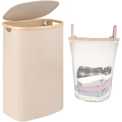 Immagine prodotto di Cesto per la biancheria da 100 litri con coperchio, pieghevole, in poliestere, color beige chiaro