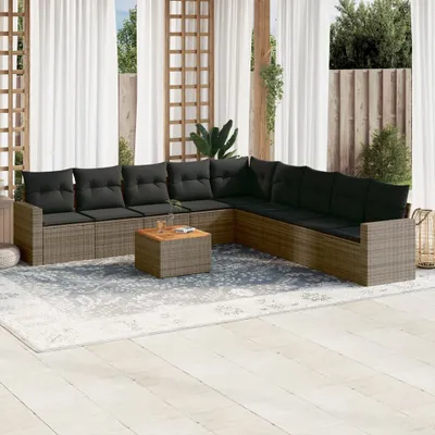 Produktbild von Design 10-tlg. Garten-Sofagarnitur mit Kissen Grau Poly Rattan, Gartenmöbel-Sets 2024 Neu
