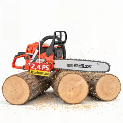 A red and black chainsaw is positioned on top of three logs, with sawdust scattered around.