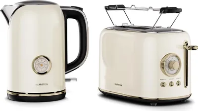 A cream-colored retro-style toaster and kettle set displayed side-by-side on a white background.