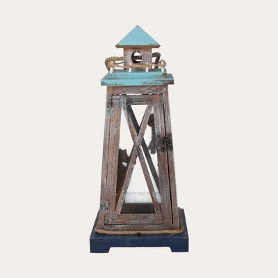 Image de KEYHOMESTORE | Lanterne en bois brun avec verre et dôme bleu