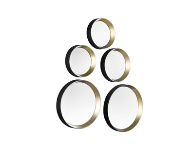 A set of five circular mirrors arranged in a pyramid shape against a white background.