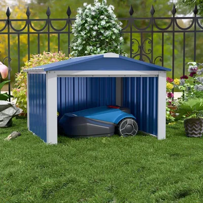 Productafbeelding van Garage voor robotmaaiers met zadeldak, afmetingen 62x90,5x88,8 cm, blauw