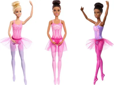 Three Barbie dolls dressed as ballerinas are standing against a white background.
