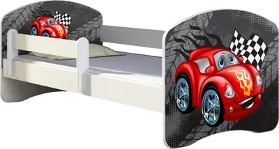 Produktbild von ACMA Jugendbett Kinderbett Junior-Bett Komplett-Set mit Matratze Lattenrost und Rausfallschutz Weiß 04 Rote Auto 160x80