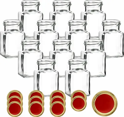 Produktbild von gouveo 12er Set Einmachgläser 150 ml eckig Schraubverschluss rot-gold - Kleines Vorratsglas mit Deckel für Gewürze, Marmelade