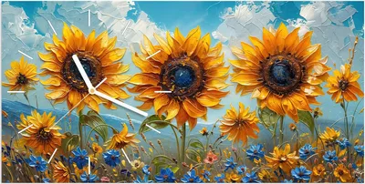 Produktbild von Wanduhr aus Glas mit Motiv Sonnenblumenwiese- 60 x 30 cm - inkl. Aufhängesystem
