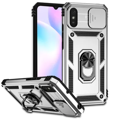 Obrázek produktu pro Pouzdro pro Xiaomi Redmi 9A dvouvrstvé pouzdro s posuvným krytem kamery a prstencovým stojánkem Stříbro