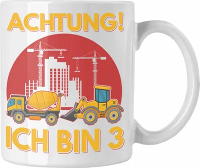 Produktbild von Trendation - Achtung Ich Bin 3 Tasse Geschenk 3-Jähriger Junge Bagger Geschenkidee Sohn (Weiß)