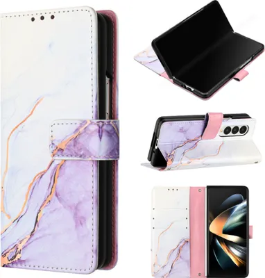 Produktbild von Galaxy Z Fold4 Hülle, Marmor Motiv Kunstleder Tasche Wallet Kartenfächer mit Standfunktion Klapp Schutzhülle für Samsung Galaxy Z Fold4 Weiß Lila