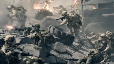 Soldiers in combat during a battle.