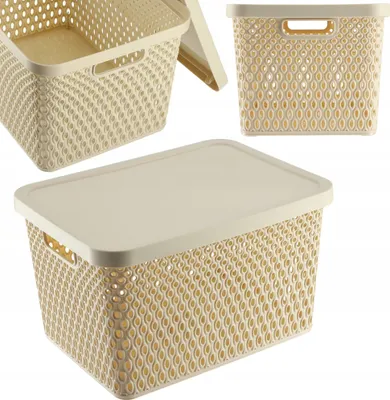 A collage of three images showing a beige plastic storage basket with a lid from different angles.