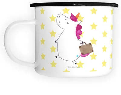 Produktbild von Mr. & Mrs. Panda Pott Einhorn Koffer - Weiß - Geschenk, Deko, Reise, Teetasse, Einhörner, Emaille Becher, Tasse, Große, Teebecher, Abenteuer, Erwachsen