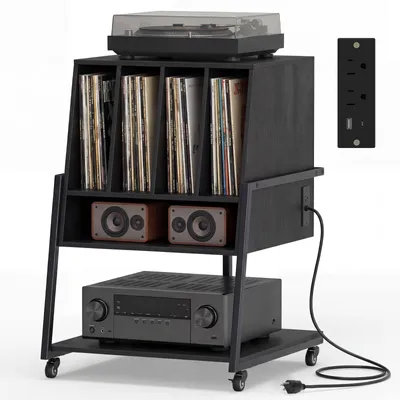 Produktbild von KOMFOTTEU Plattenspielerschrank mit verstellbaren Rädern/Beinen, Plattenspieler mit Ladestation, Vinyl-Plattenständer mit Albumtrennungen (schwarz, mit Ladestation)