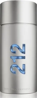 A silver cylindrical bottle of perfume with blue text.