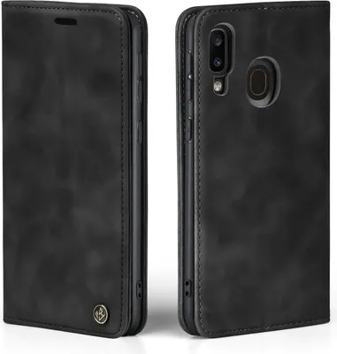 A black flip case for a Samsung Galaxy A40 phone, shown from the front and back.