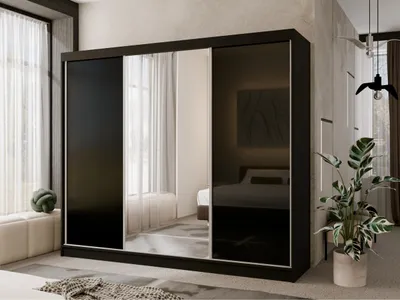 Zdjęcie produktu dla Szafa przesuwna 250 cm Lake z lustrem, szafa do sypialni z drzwiami przesuwnymi, trzydrzwiowa szafa przesuwna, Szerokość: 250 cm, Kolor: czarny, Kolor szkła: czarny