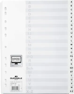 Zdjęcie produktu dla DURABLE Przek?adki A4 24 cz??ci, podzia? A-Z nadrukowane indeksy, ok?adka PP, Bia?y, 616402