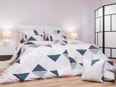 Zdjęcie produktu dla Pościel bawełniana Pyramidy pudrowa 140x200, 70x90 cm