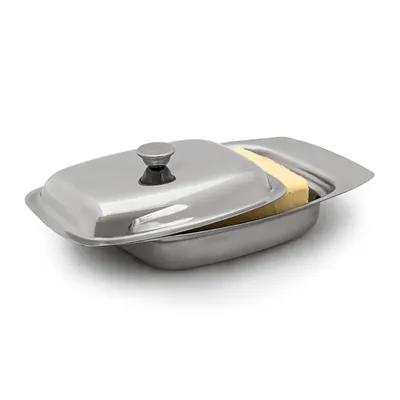 Immagine prodotto di Contenitore per burro Relaxdays con manico, 6 x 19,5 x 13 cm (A x L x P), 250 g; vaschetta con campana per burro in finitura acciaio inossidabile, argento