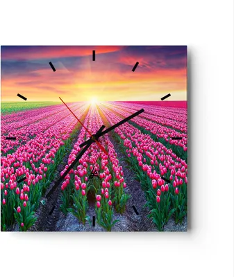 Produktbild von Wanduhr - Quadrat - Glasuhr - Wiese Tulpen Sonnenuntergang Frühling - 40x40cm - Schleichendes Uhrwerk - Lautlos - zum Aufhängen bereit - Dekoration Modern - Wanddekoration aus Glas - C3AC40x40-2841
