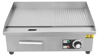 Image de Plaque de cuisson électrique - Modèle professionnel - 3000 W - Thermostat de 50 à 300 °C - Surface lisse et rainurée - Acier inoxydable - Argenté