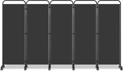 Image de Paravent Izrielar à roulettes, 5 panneaux, anthracite, 284 x 180 cm, séparateur de pièce pliable, cloison extérieure, brise-vue, séparateur d'espace