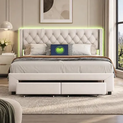 Produktbild von INONEFT Polsterbett 140x190 cm mit 2 Schubladen, Jugendbett mit LED Beleuchtung, Kopfteil mit 2 Seitentaschen und USB Ladefunktion, Samt, Beige, KI-generiertes Bild