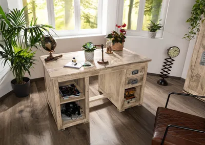 Produktbild von MASSIVMOEBEL24 Schreibtisch Mango 140x80x76 whitewash lackiert RAILWAY #361