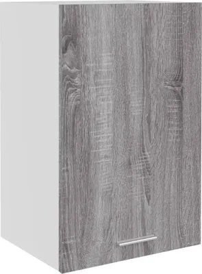 A single cabinet door with a wood grain texture and a silver handle against a white background.