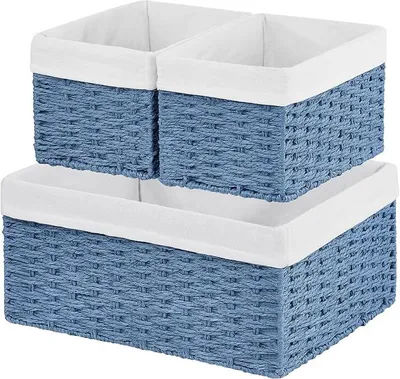 Imagen del producto de Silecomplaza Weidenkorb, juego de 3 cestas tejidas a mano para organizar, cesta rectangular de mimbre con asas, pequeñas cestas para guardar papel higiénico, ideales para estanterías y decoración, color azul