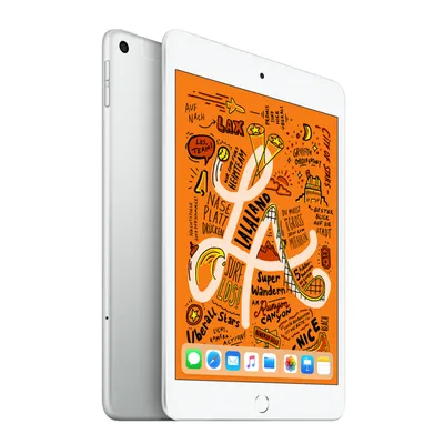 A silver Apple iPad mini 5 is shown from a slight angle against a white background. The screen displays a colorful, hand-drawn illustration with text.