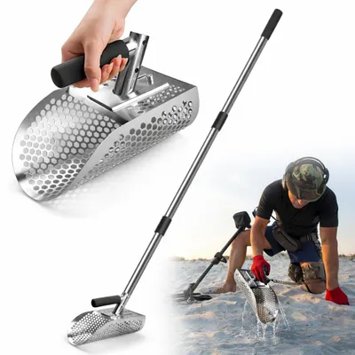 Immagine prodotto di Pala per metal detector in acciaio inossidabile 304 - Pala setacciatrice per la ricerca in spiaggia - Manico removibile - 114 cm - Ricerca subacquea - Rilevazione professionale