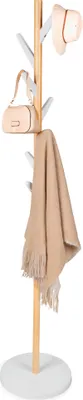 A coat rack with a hat, a handbag, and a scarf on it.