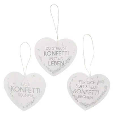 Produktbild von Herzförmige Konfetti-Anhänger mit Sprüchen für Geschenke & Dekoration, 6 Stück