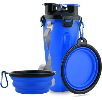 Produktbild von Hundereisewasserflasche Hundetrinkflasche - 2-in-1 - Faltbare Schüssel - 350 ml Wasser - Blau