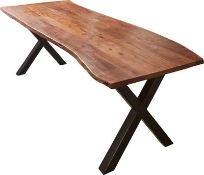 Produktbild von Esszimmertisch 240x100 cm Xaver, Baumkantentisch nussbaumfarben, Akazienholz massiv, X-Gestell aus Metall schwarz